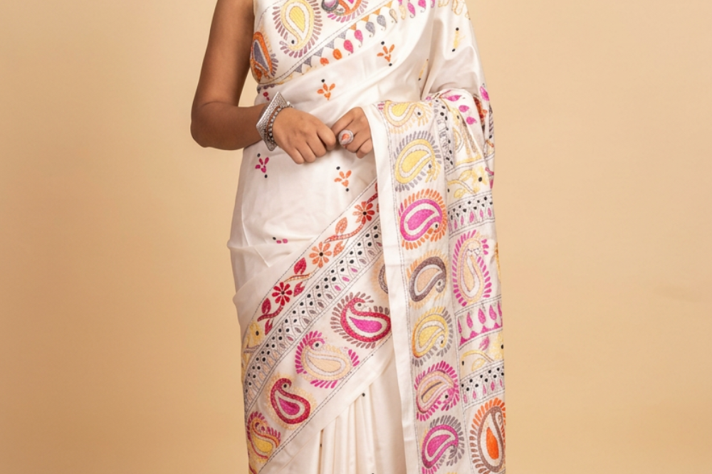 Semi Bangalore silk saree with all-over hand Kantha work and rich embroidered pallu.
