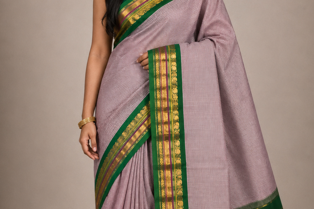 Lightweight Gadwal cotton saree featuring elegant zari border and striped pallu design.
