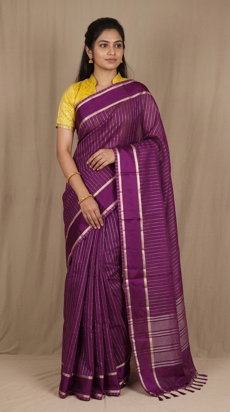 Organza saree with zari woven vertical stripes and plain satin borders
