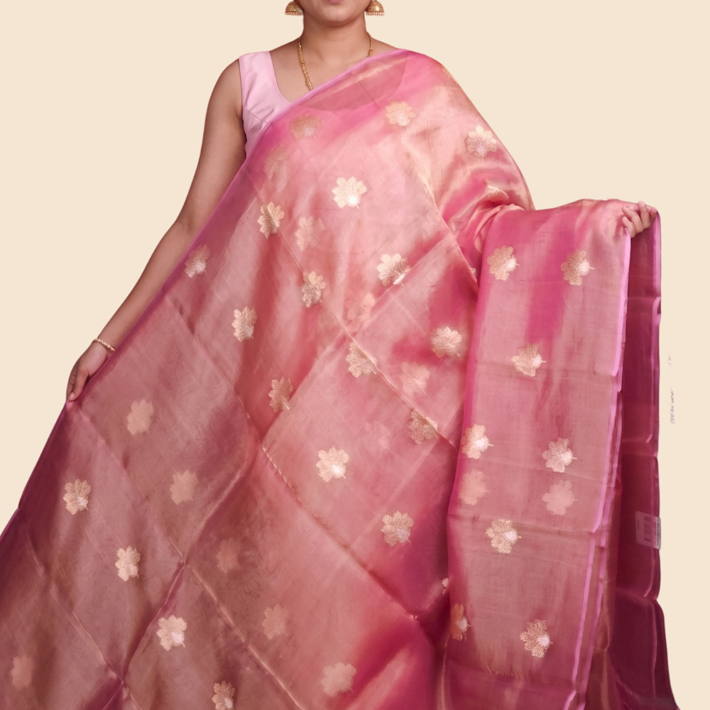 Zari stripe blouse paired with Kora tissue saree
