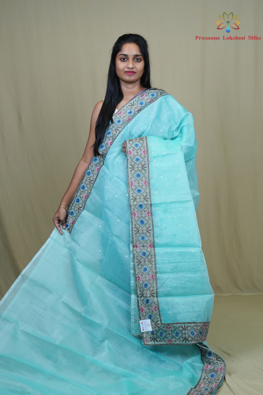 Organza Saree with all-over small mirror work and thread-woven tissue floral borders.
