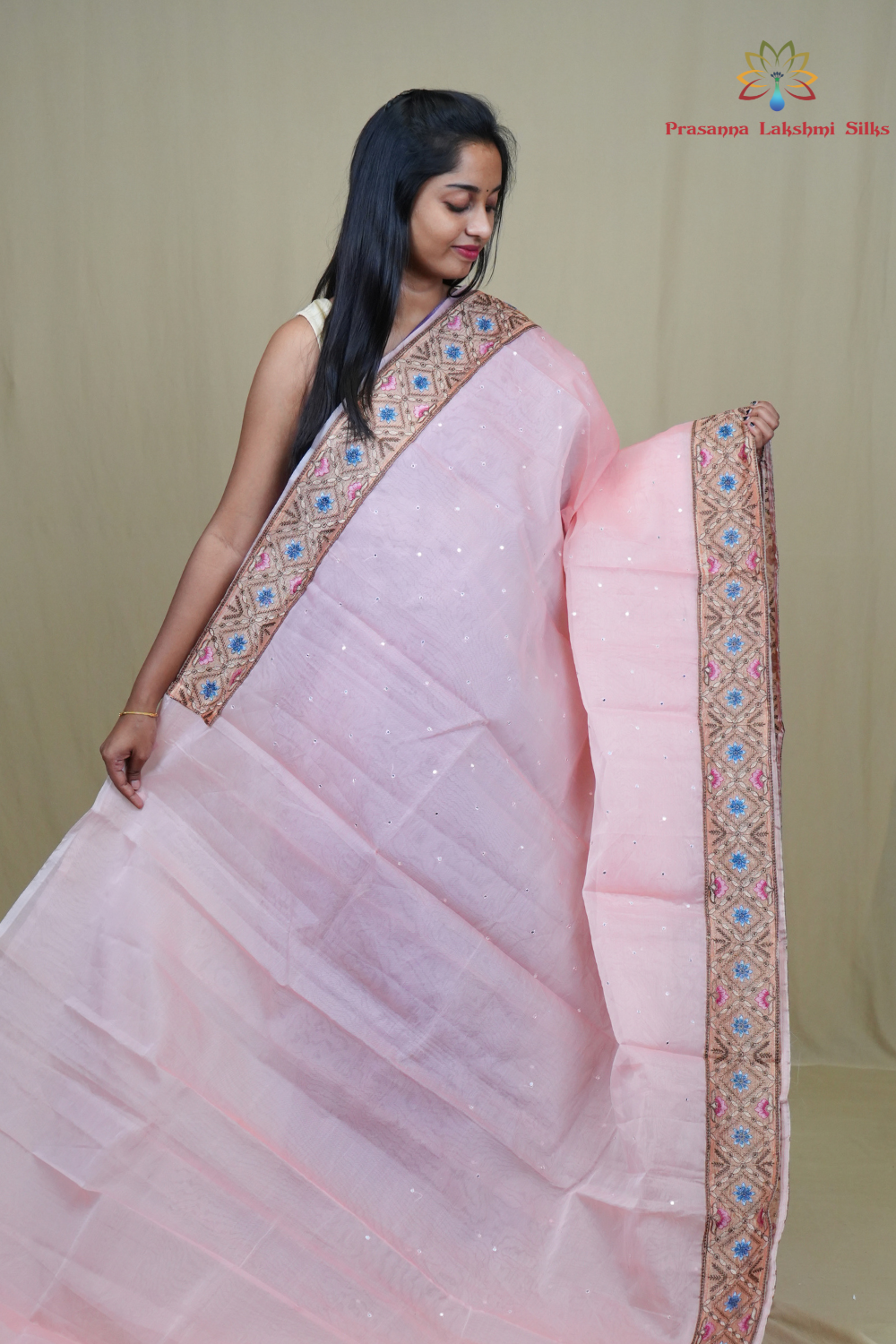 Traditional lightweight Organza Saree suitable for weddings and festive occasions with mirror work.