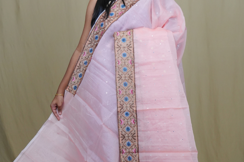 Organza Saree with all-over small mirror work and thread-woven tissue floral borders.

