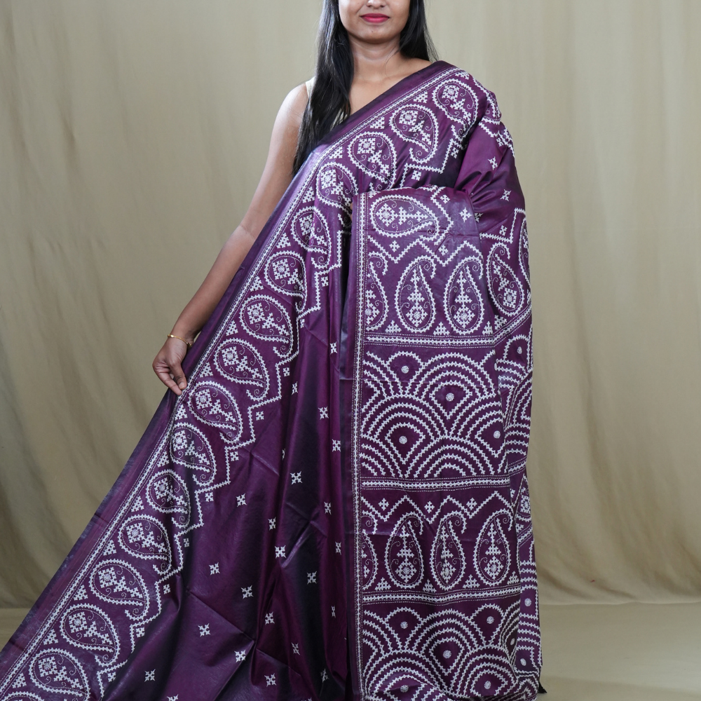 Semi Bangalore Silk Saree with all-over Kutch work motifs and rich embroidered pallu.
