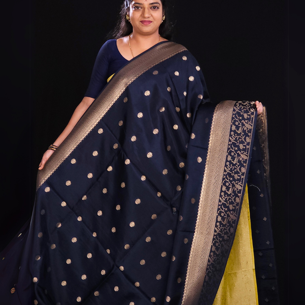 "Dark Blue Banaras saree with  gold Zari Blue border"
