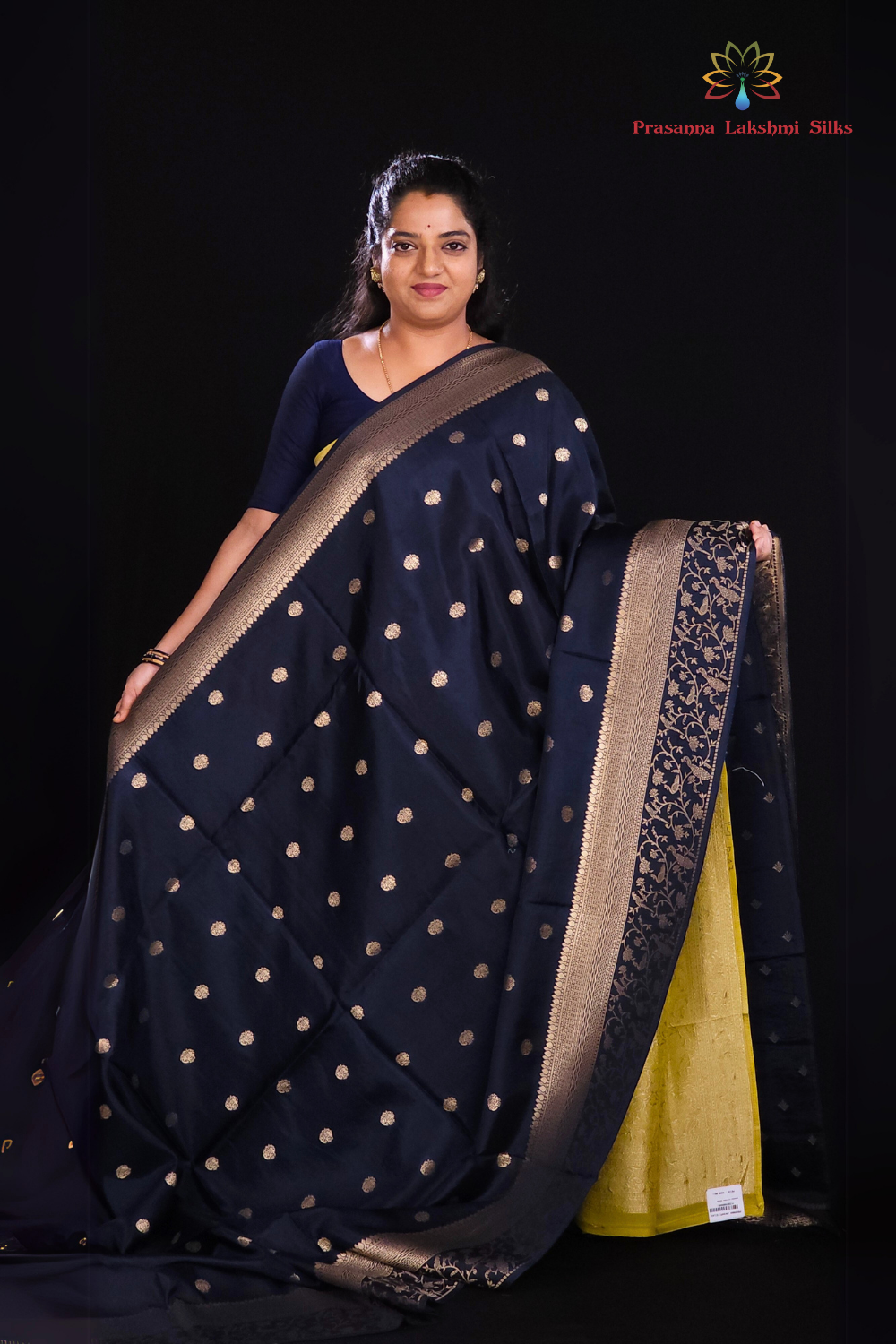 "Dark Blue Banaras saree with  gold Zari Blue border"
