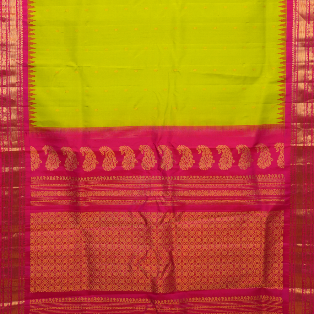 Handloom Gadwal pure silk saree with intricate small zari motifs and rich woven pallu.
