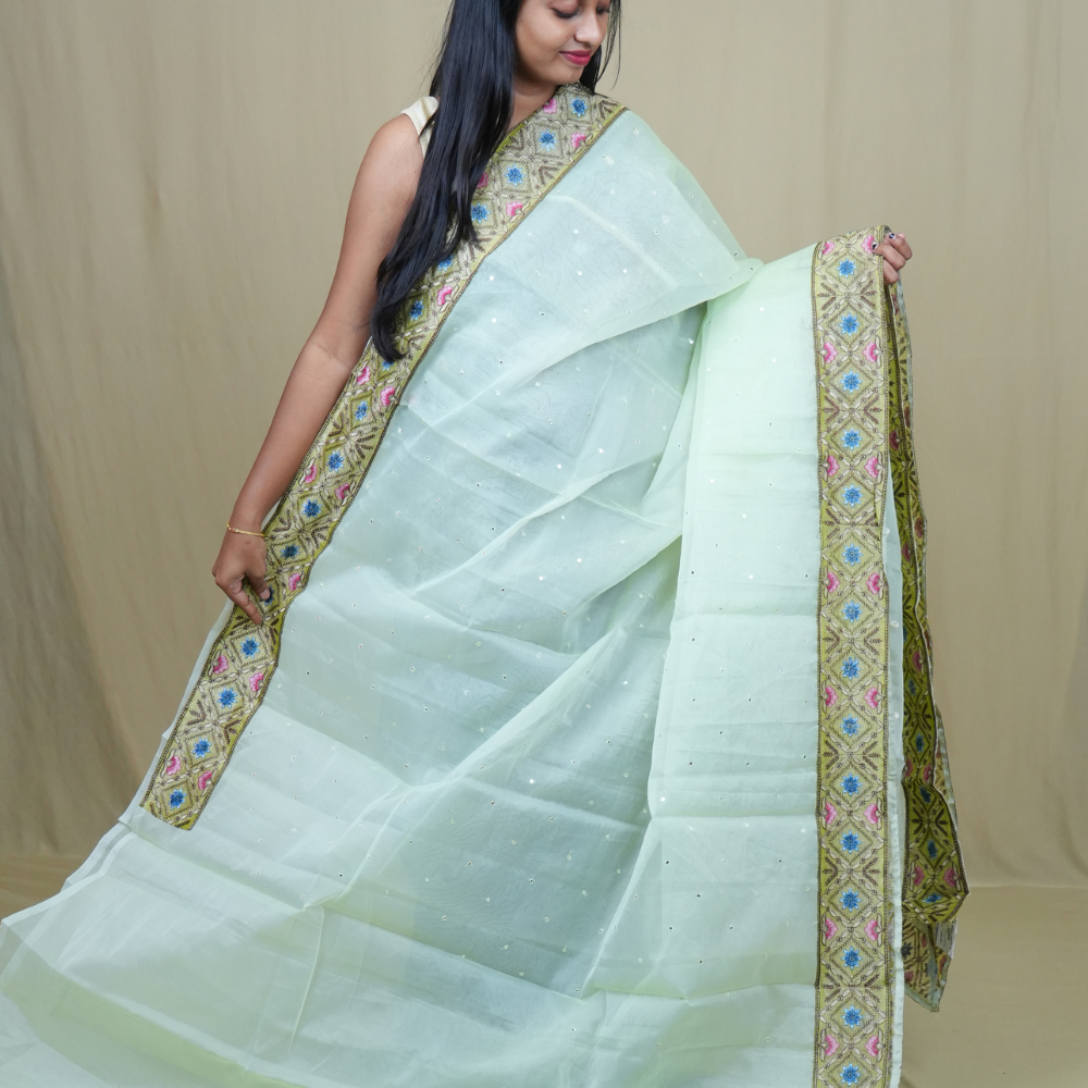 Traditional lightweight Organza Saree suitable for weddings and festive occasions with mirror work.