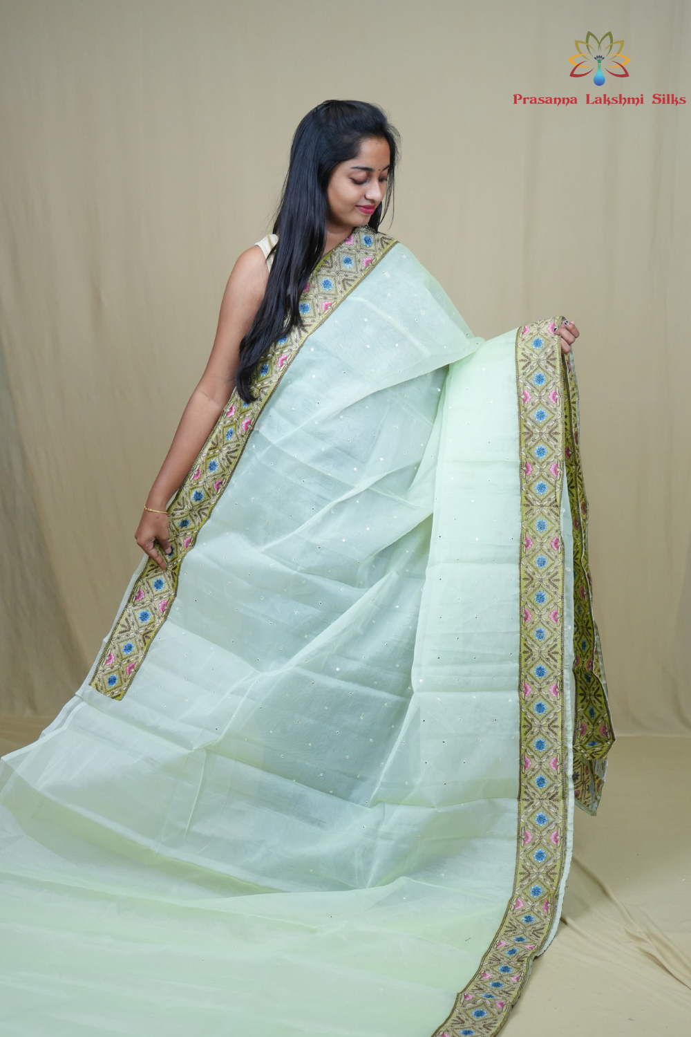Traditional lightweight Organza Saree suitable for weddings and festive occasions with mirror work.