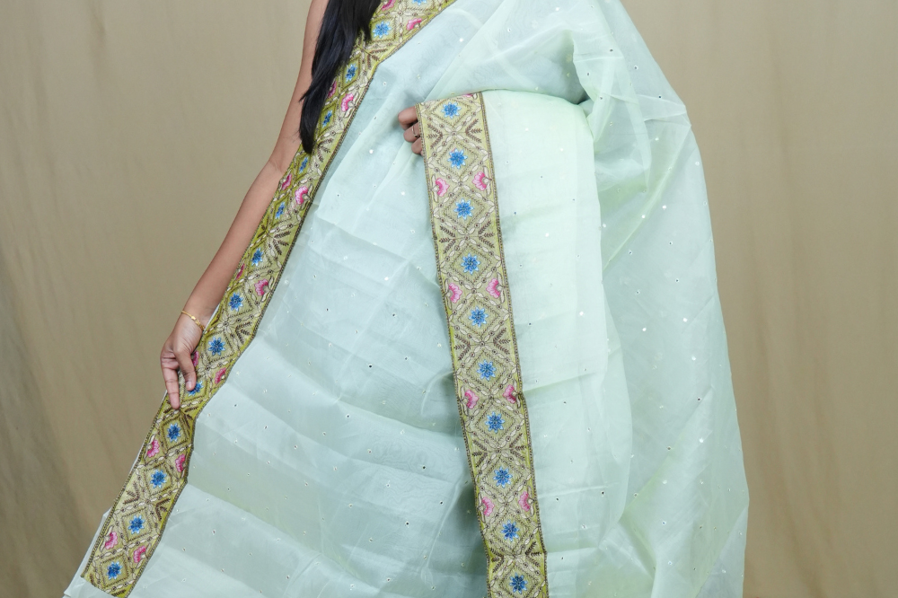 Organza Saree with all-over small mirror work and thread-woven tissue floral borders.
