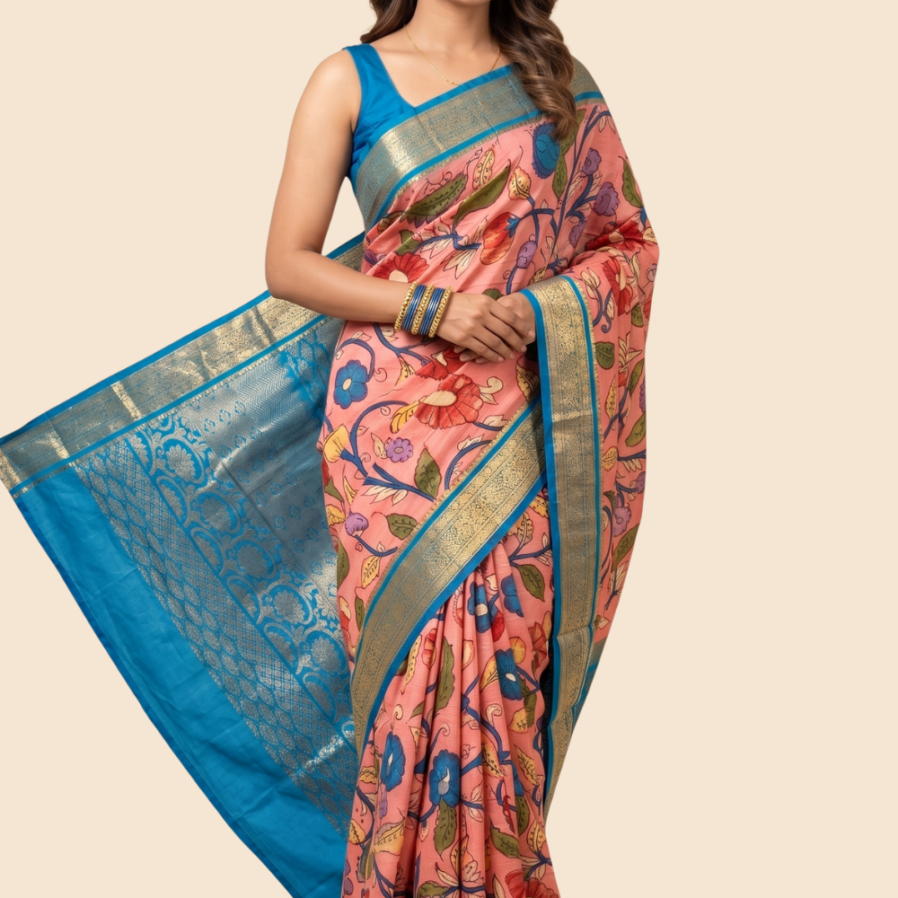 Pure Hand Pen Kalamkari saree with intricate hand-painted designs
