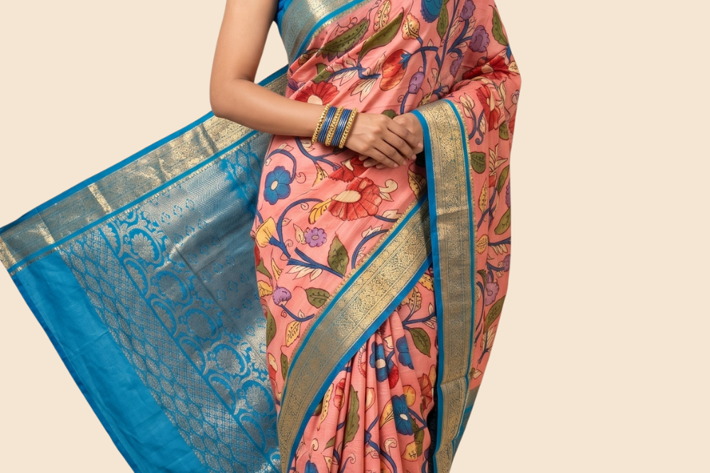 Pure Hand Pen Kalamkari saree with intricate hand-painted designs
