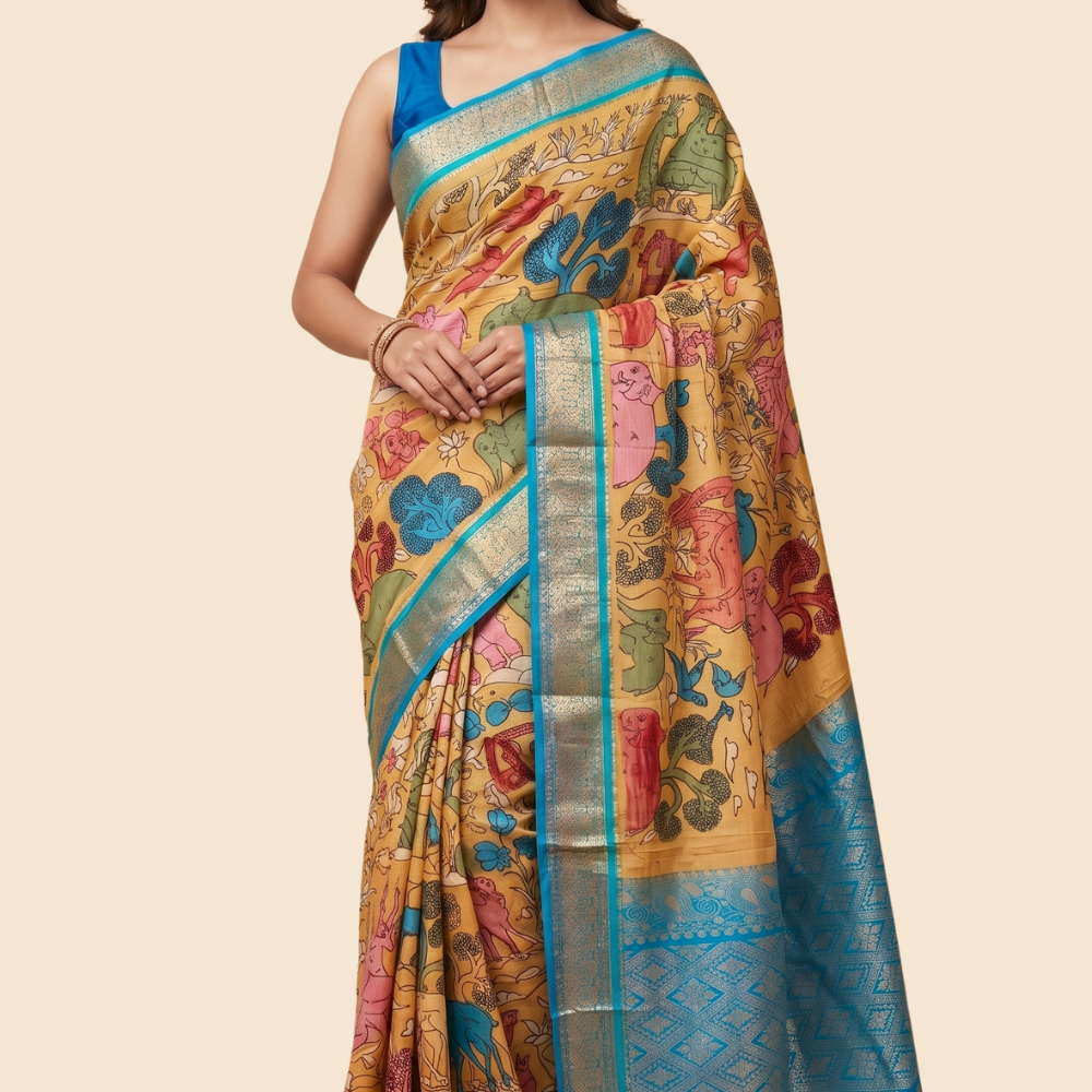 Pure Hand Pen Kalamkari saree with intricate hand-painted designs
