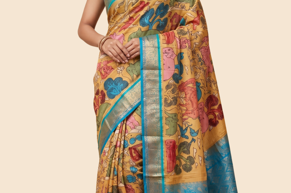Pure Hand Pen Kalamkari saree with intricate hand-painted designs
