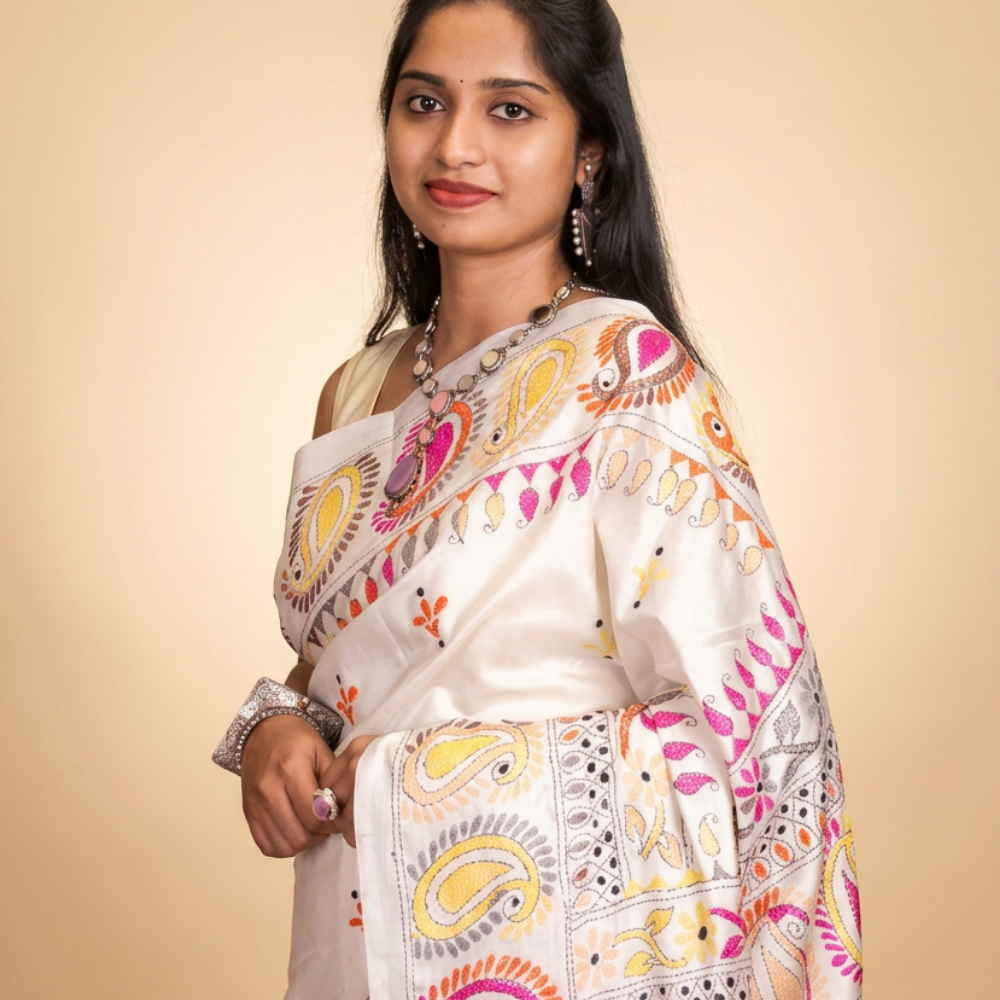 Elegant silk saree featuring Kantha work borders and detailed Kantha pallu design.
