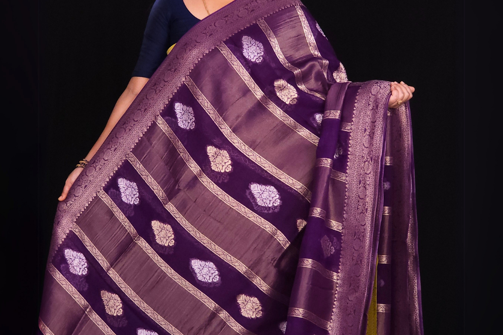 Deep Purple" Banarasi Georgette saree with zari stripes ,zari border and pallu"