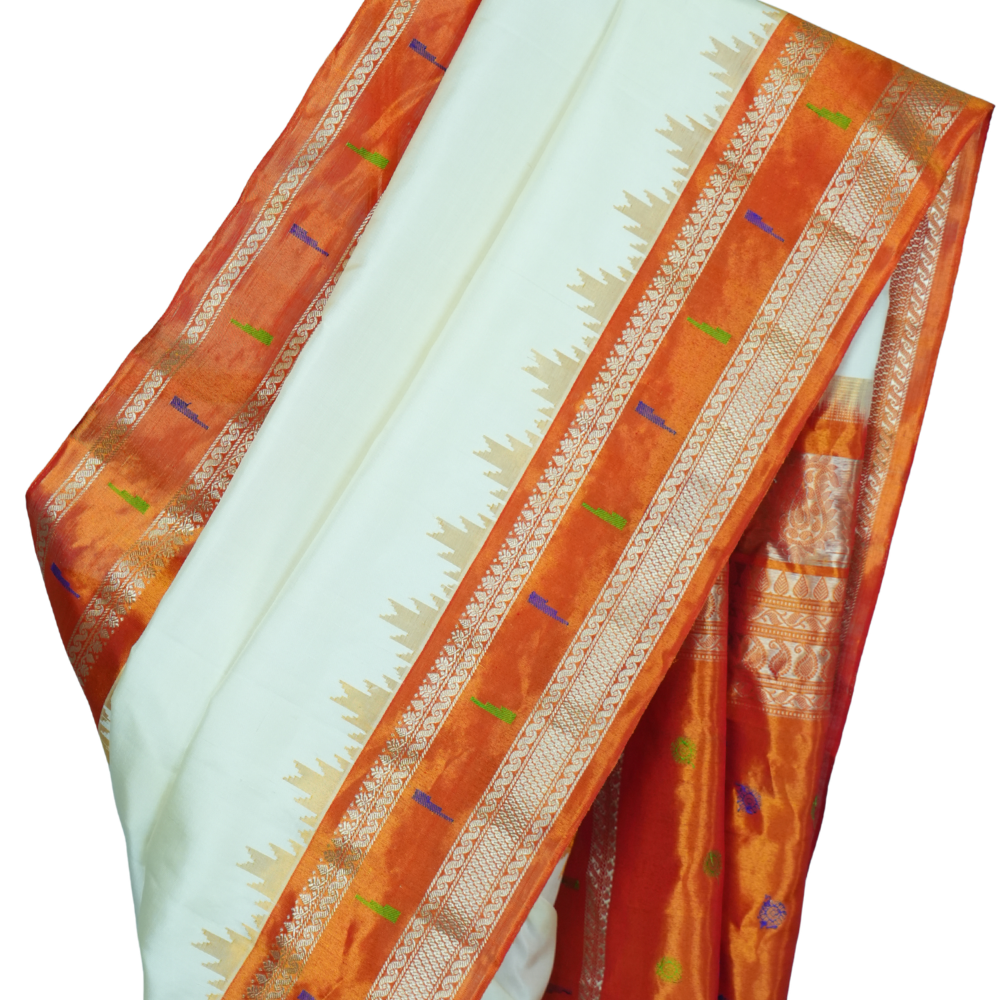 Handloom Gadwal pure tissue silk saree with intricate zari motifs and muniya borders.
