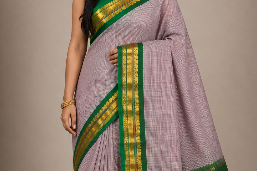 Pure handloom Gadwal cotton saree with traditional zari woven borders and simple zari stripes pallu.
