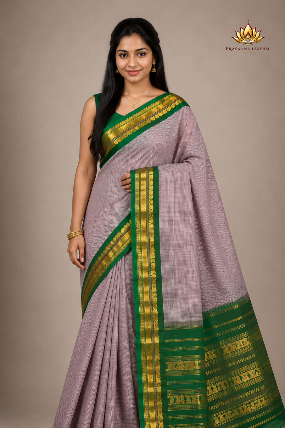 Pure handloom Gadwal cotton saree with traditional zari woven borders and simple zari stripes pallu.
