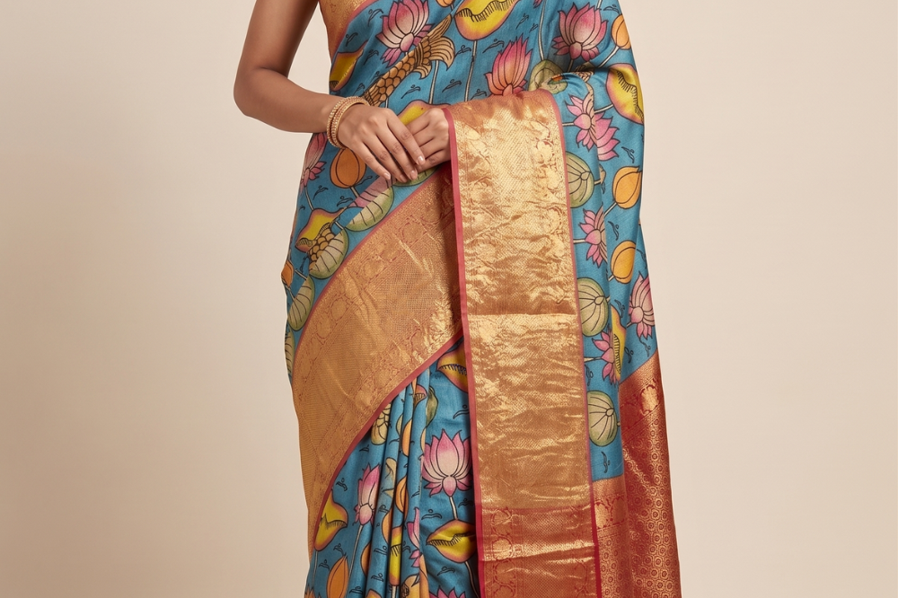 Pure Hand Pen Kalamkari saree with intricate hand-painted designs
