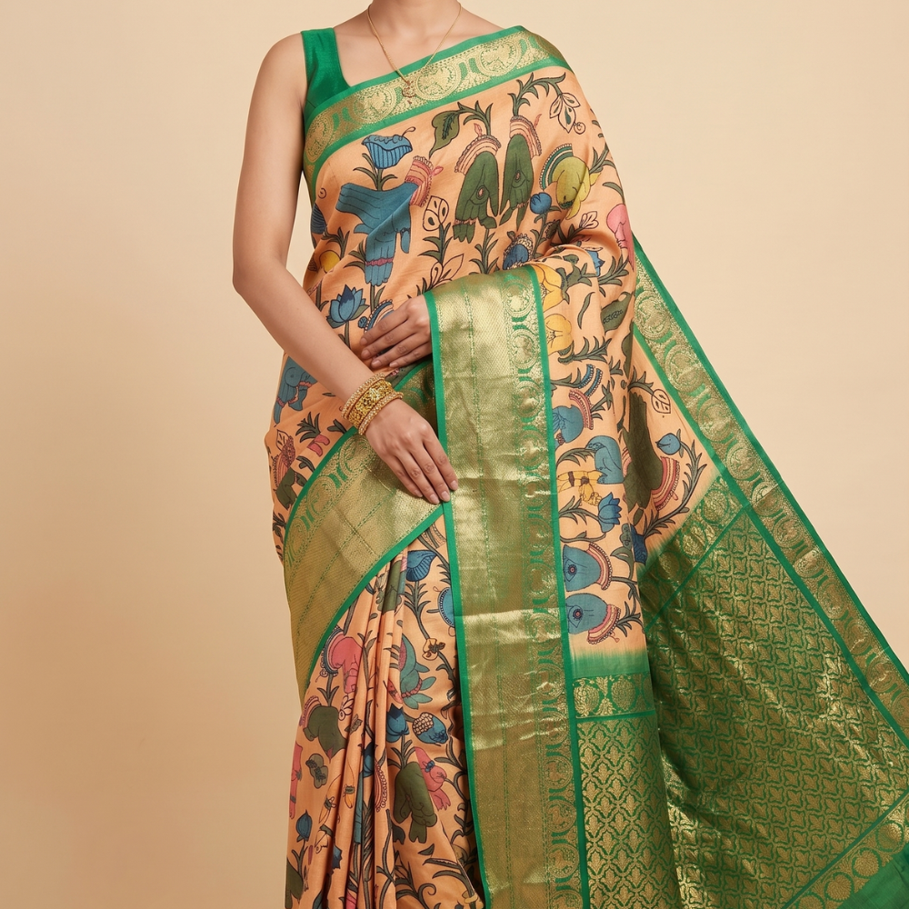 Pure Hand Pen Kalamkari saree with intricate hand-painted designs
