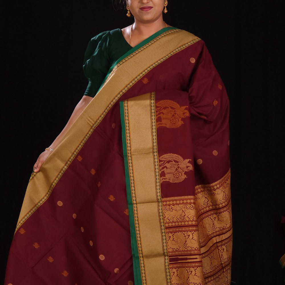 Handloom Kanjeevaram cotton saree with temple motifs
