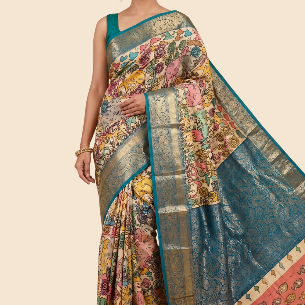 Pure Hand Pen Kalamkari saree with intricate hand-painted designs
