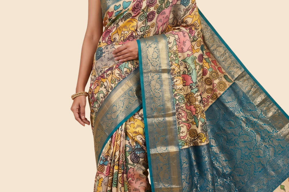 Pure Hand Pen Kalamkari saree with intricate hand-painted designs
