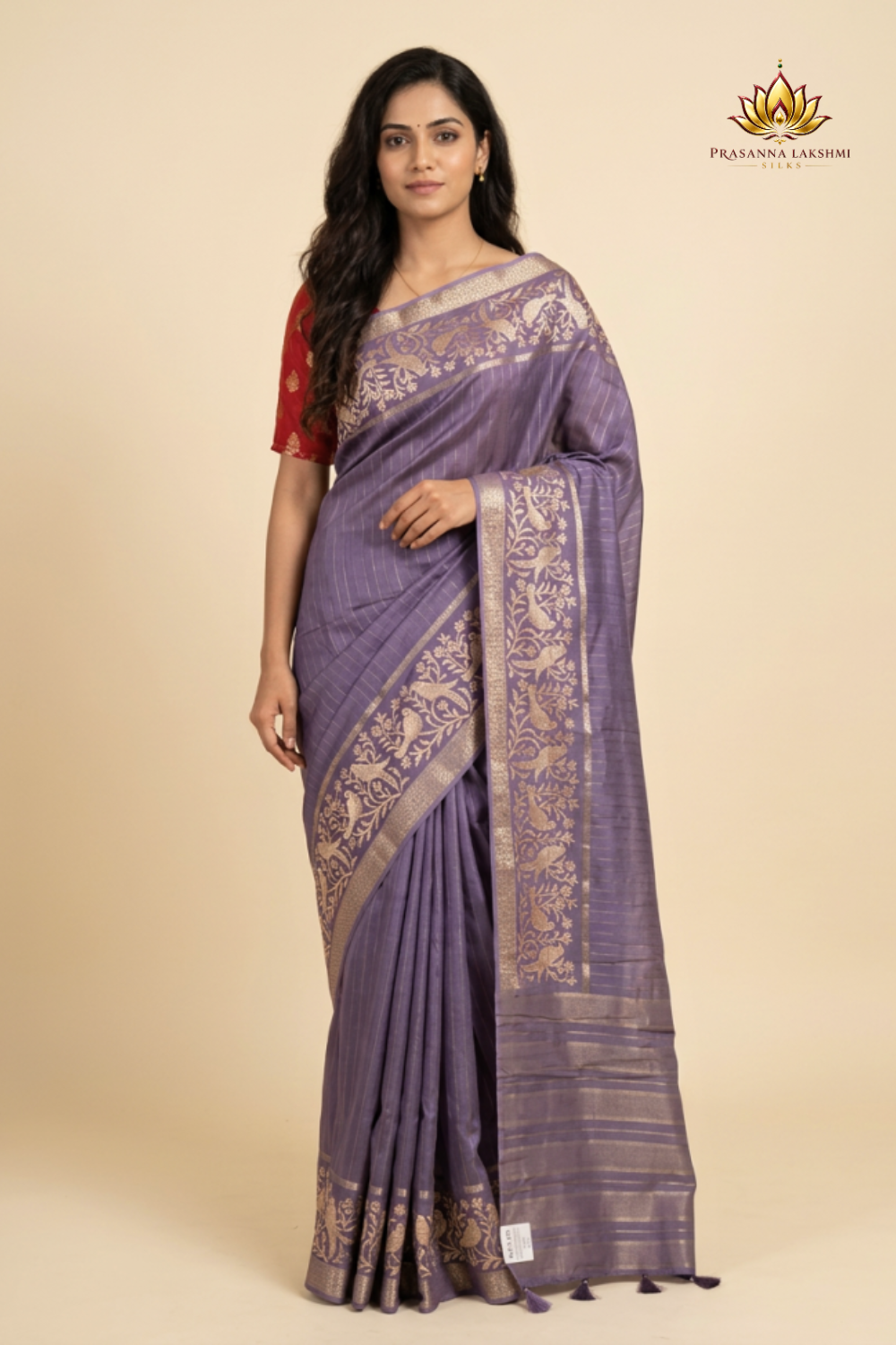 Chiniya Silk Saree with all-over zari woven vertical stripes, thread woven parrot floral border, tassel pallu, and contrast zari butta blouse.
