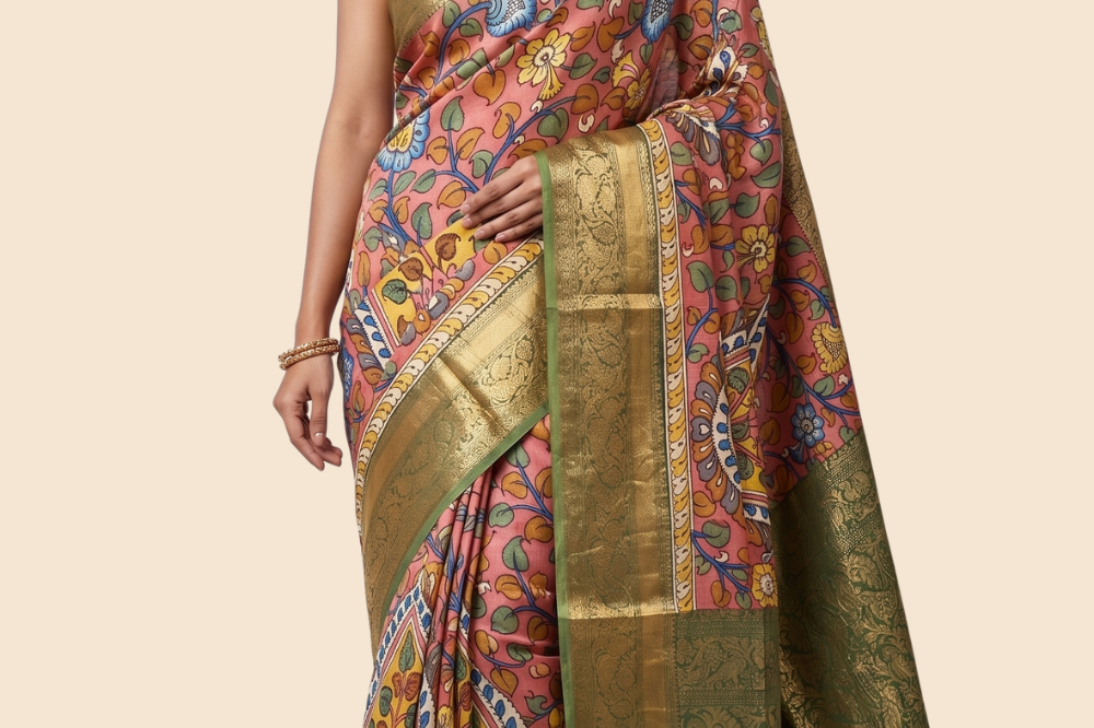 Pure Hand Pen Kalamkari saree with intricate hand-painted designs
