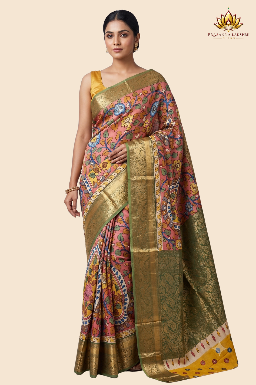 Pure Hand Pen Kalamkari saree with intricate hand-painted designs
