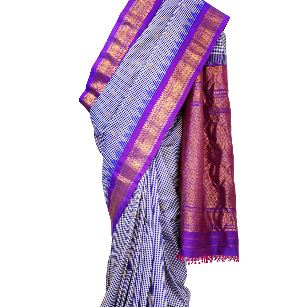 Handloom Gadwal pure silk saree with classic checks pattern and rich zari brocade pallu.
