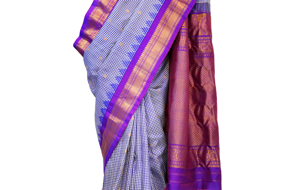 Handloom Gadwal pure silk saree with classic checks pattern and rich zari brocade pallu.
