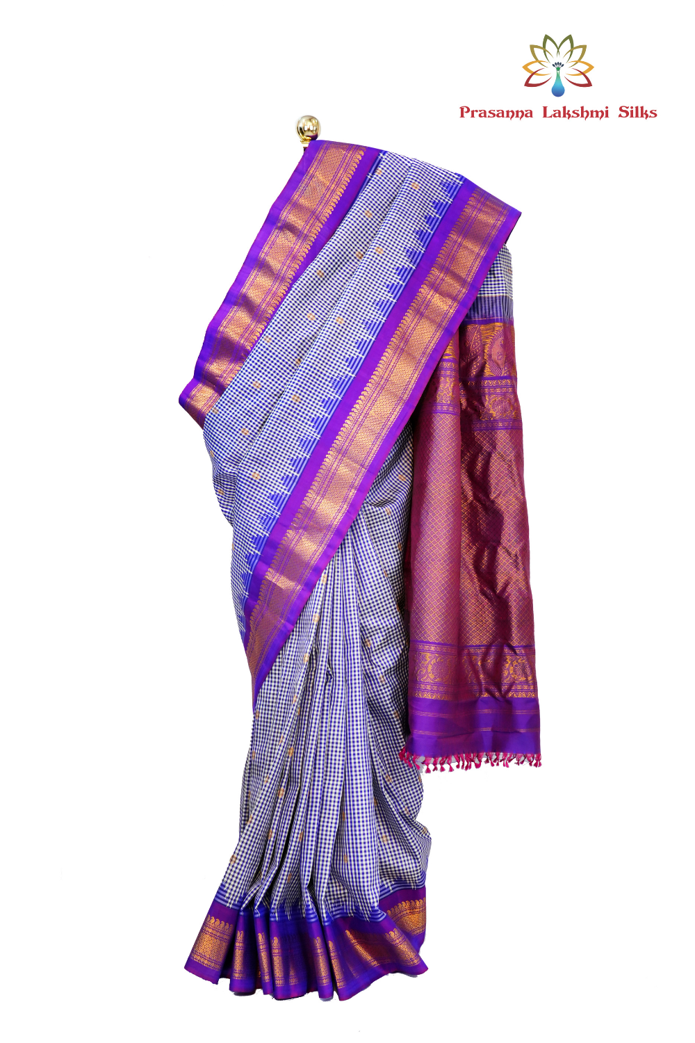 Handloom Gadwal pure silk saree with classic checks pattern and rich zari brocade pallu.
