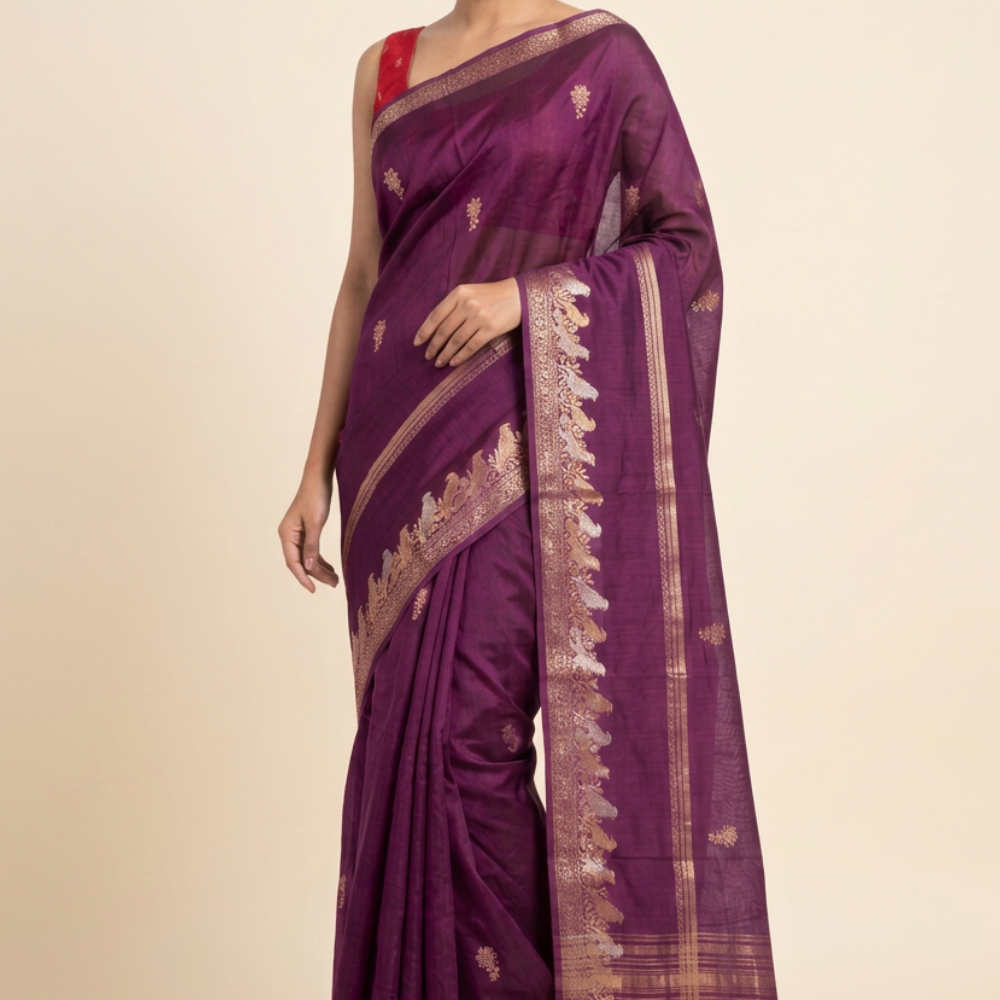 Banarasi Munga silk saree with all-over zari woven floral motifs and rich brocade pallu.
