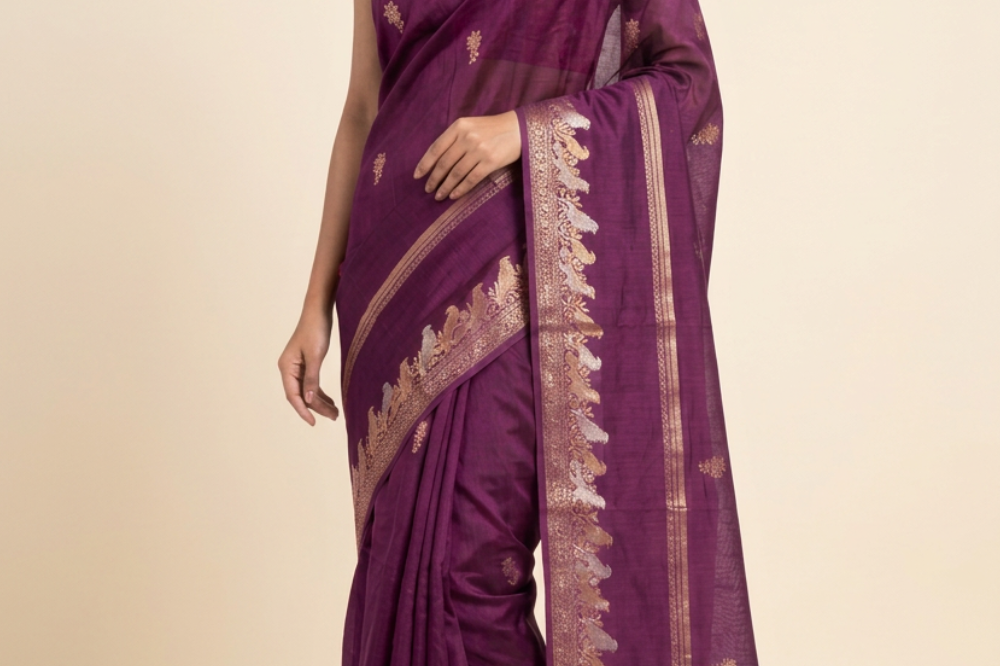 Banarasi Munga silk saree with all-over zari woven floral motifs and rich brocade pallu.
