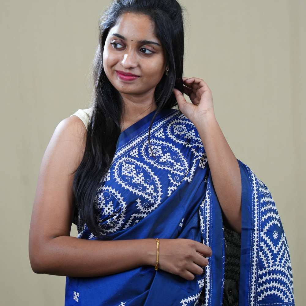 Elegant Semi Bangalore Silk Saree suitable for festive occasions with detailed Kutch embroidery.