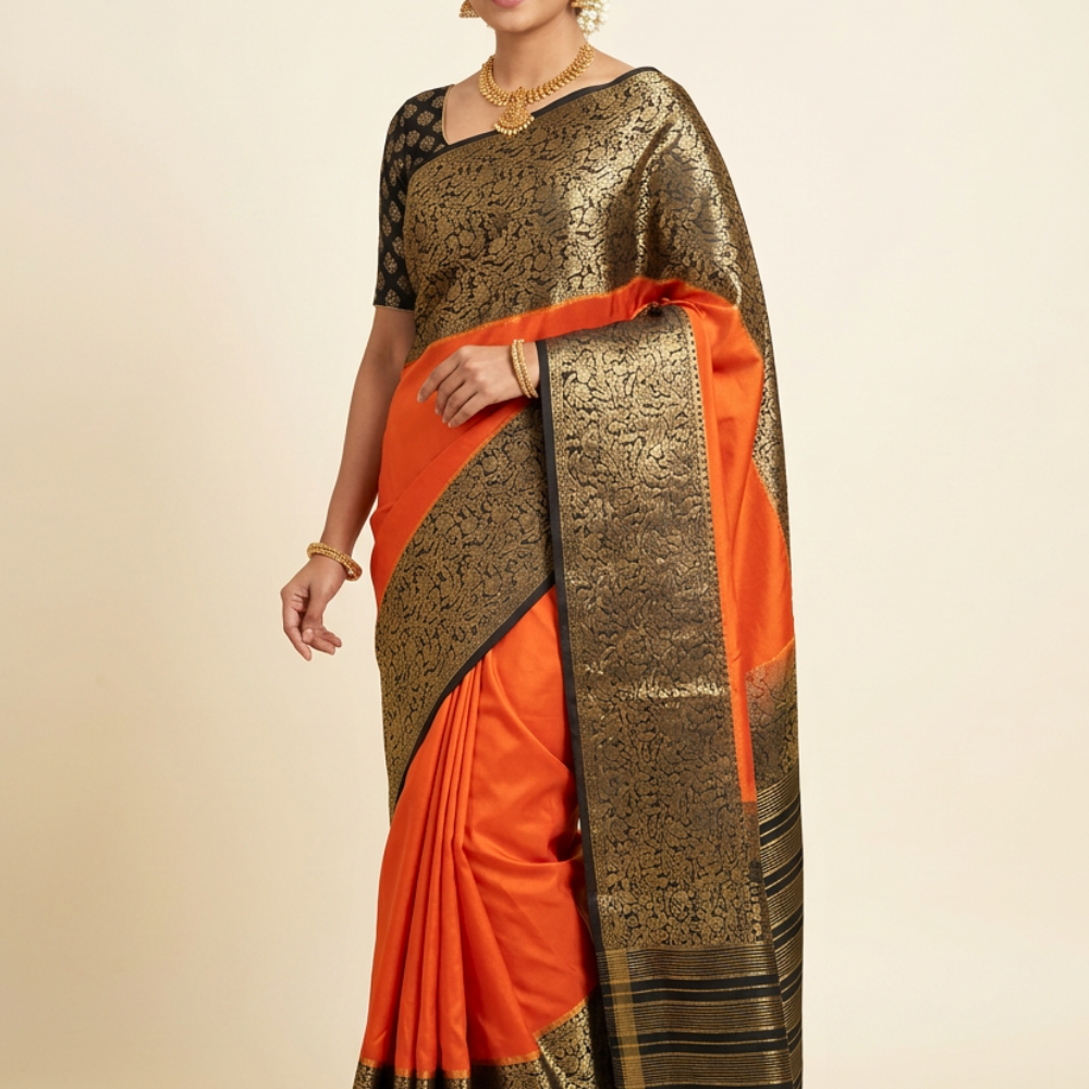 Orange and Black Semi Mysore Silk Saree with zari woven borders and rich brocade pallu with matching running blouse.
