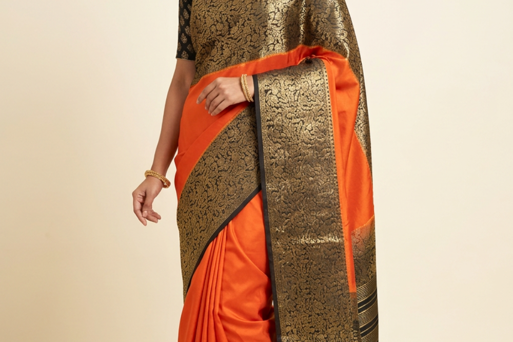 Orange and Black Semi Mysore Silk Saree with zari woven borders and rich brocade pallu with matching running blouse.
