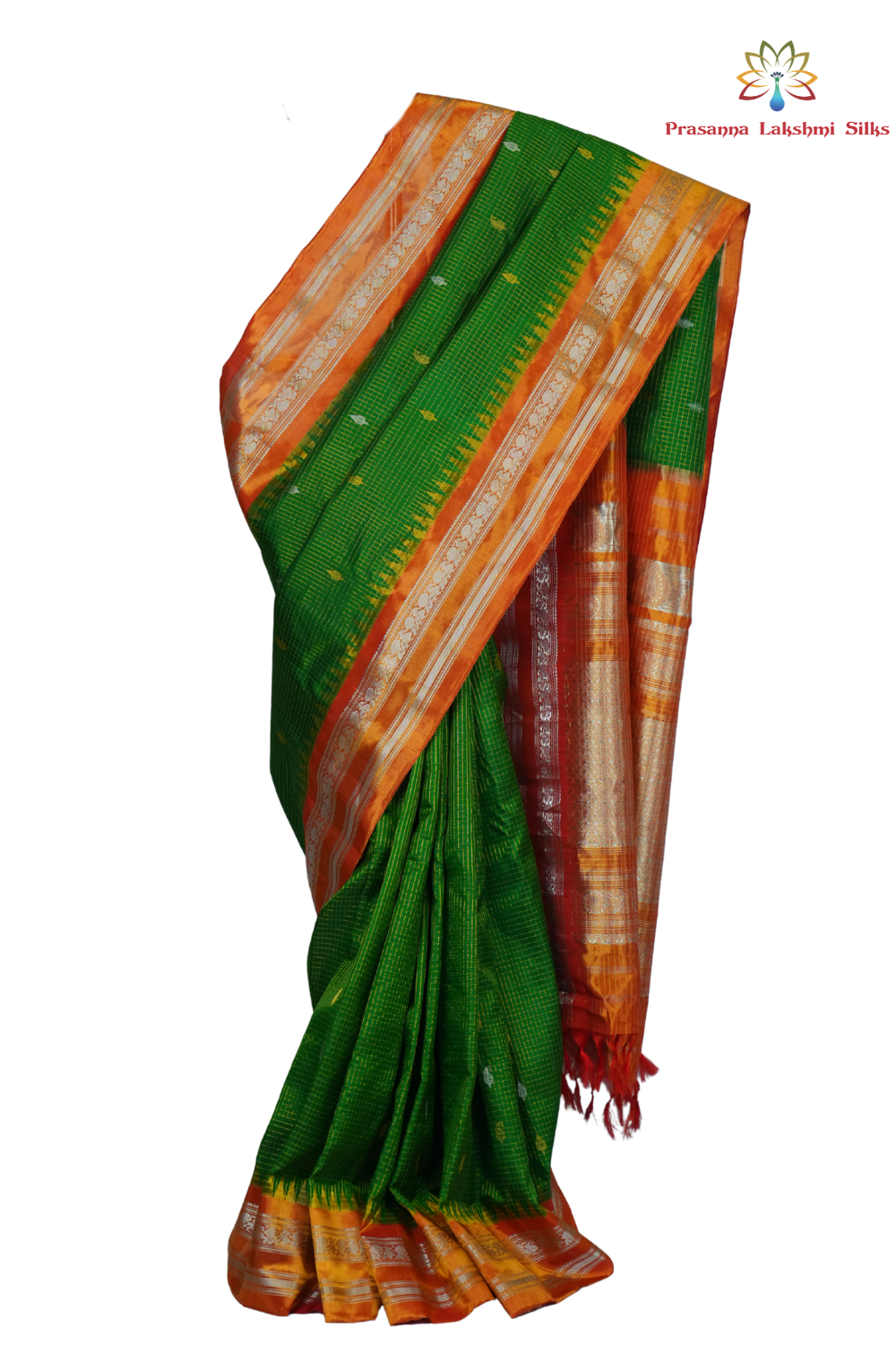 Handloom Gadwal pure tissue silk saree with intricate zari motifs and muniya borders.
