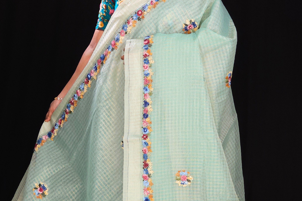 Sea foam Green Designer organza saree with embroidered borders