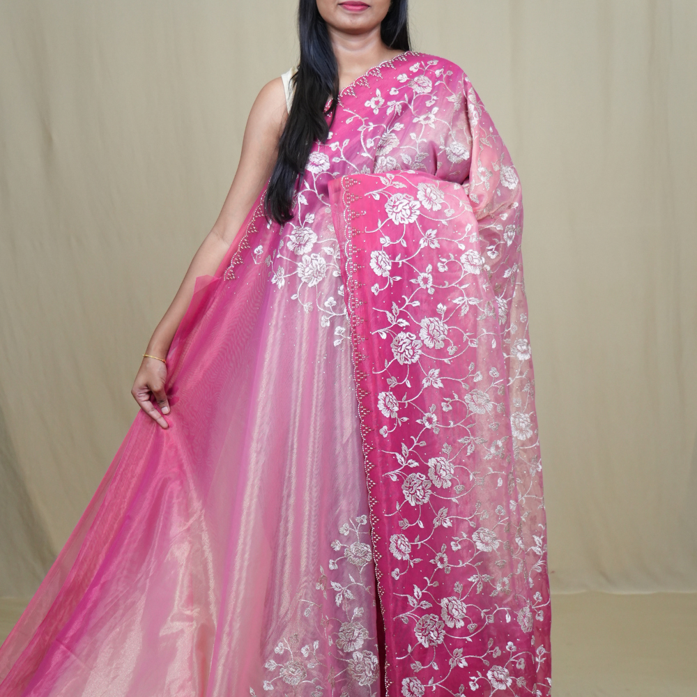 Exquisite Tissue Net Saree with all-over silver zari floral embroidery and bead detailing.
