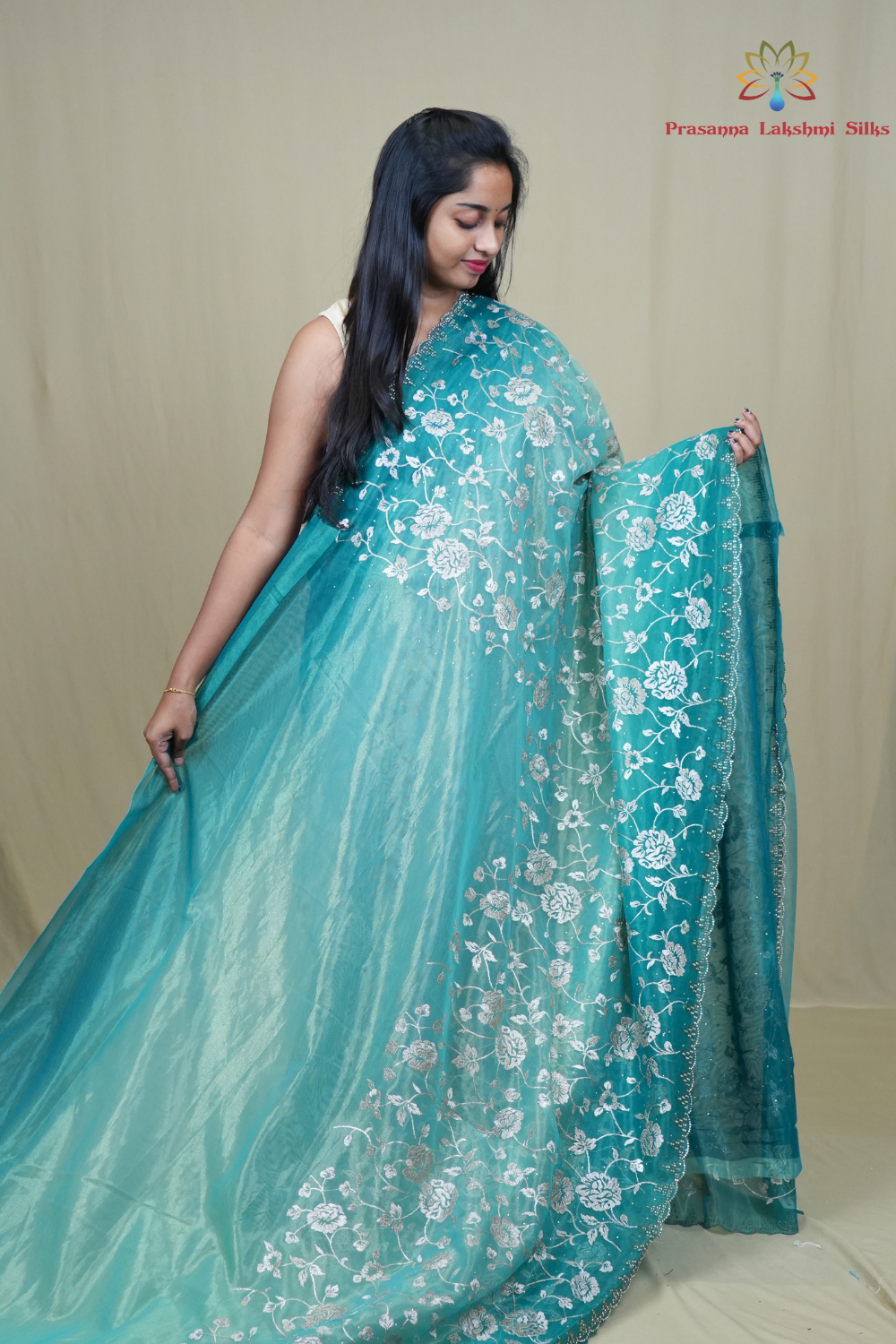 Elegant ethnic tissue saree featuring cutwork borders and graceful running pallu design.
