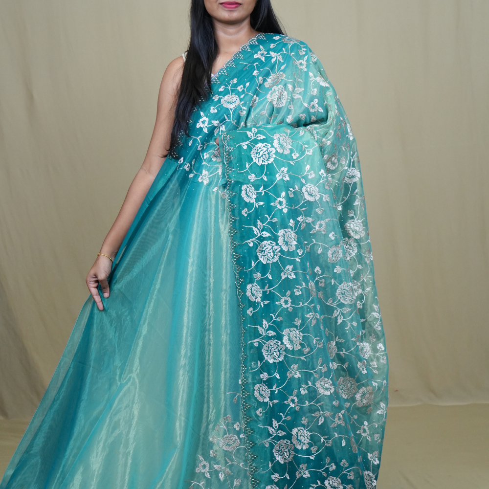 Exquisite Tissue Net Saree with all-over silver zari floral embroidery and bead detailing.
