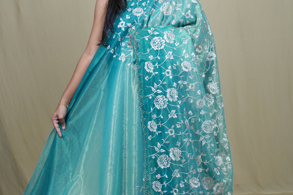 Exquisite Tissue Net Saree with all-over silver zari floral embroidery and bead detailing.
