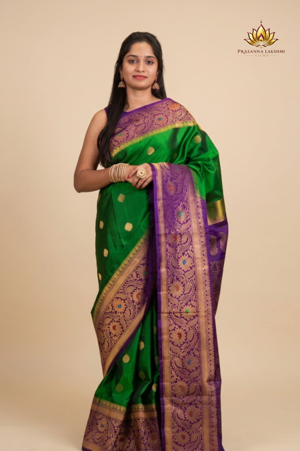Gadwal Silk Saree featuring all-over zari motifs, intricate meenakari border, rich zari brocade pallu, and contrast blouse.
