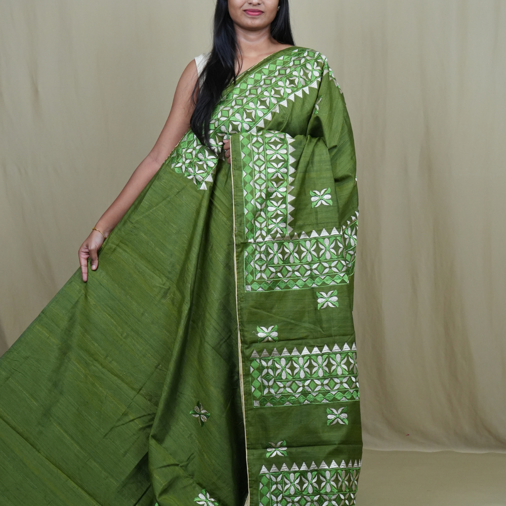 Semi Tussar silk saree with all-over thread embroidered motifs and beautiful borders.
