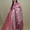 Exquisite Tissue Net Saree with all-over silver zari floral embroidery and bead detailing.
