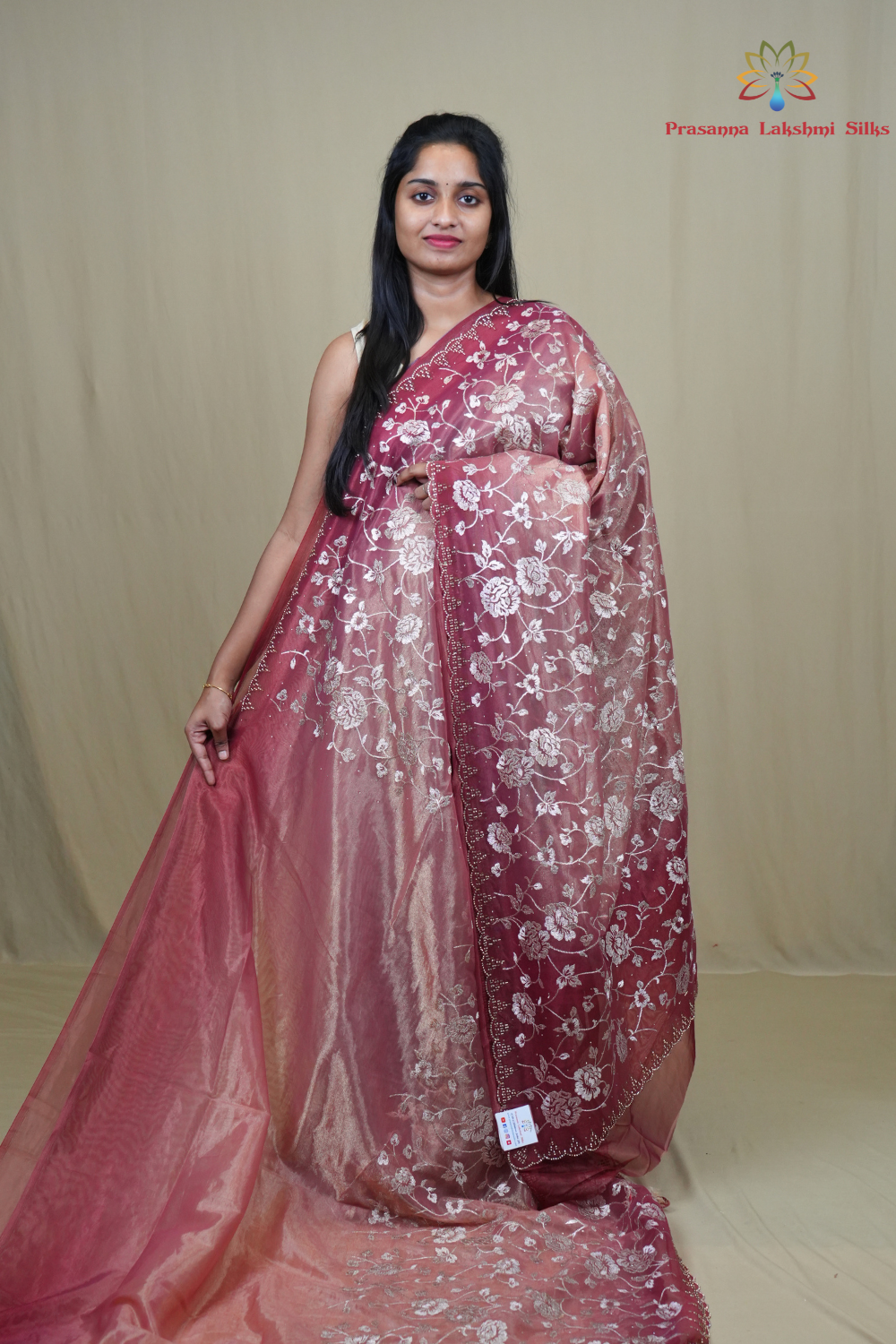 Exquisite Tissue Net Saree with all-over silver zari floral embroidery and bead detailing.

