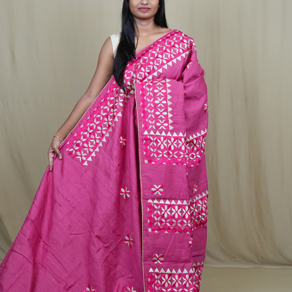 Semi Tussar silk saree with all-over thread embroidered motifs and beautiful borders.
